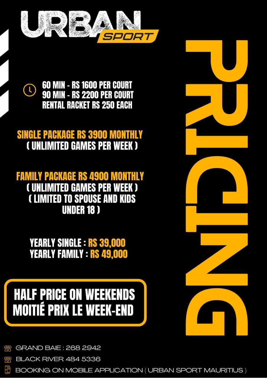 Urban Sport pricing board